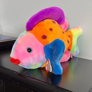 1999 Ty Beanie Buddy Plush 14" Lips Tie Dye Neon Rainbow Fish Blue Eyes Retired